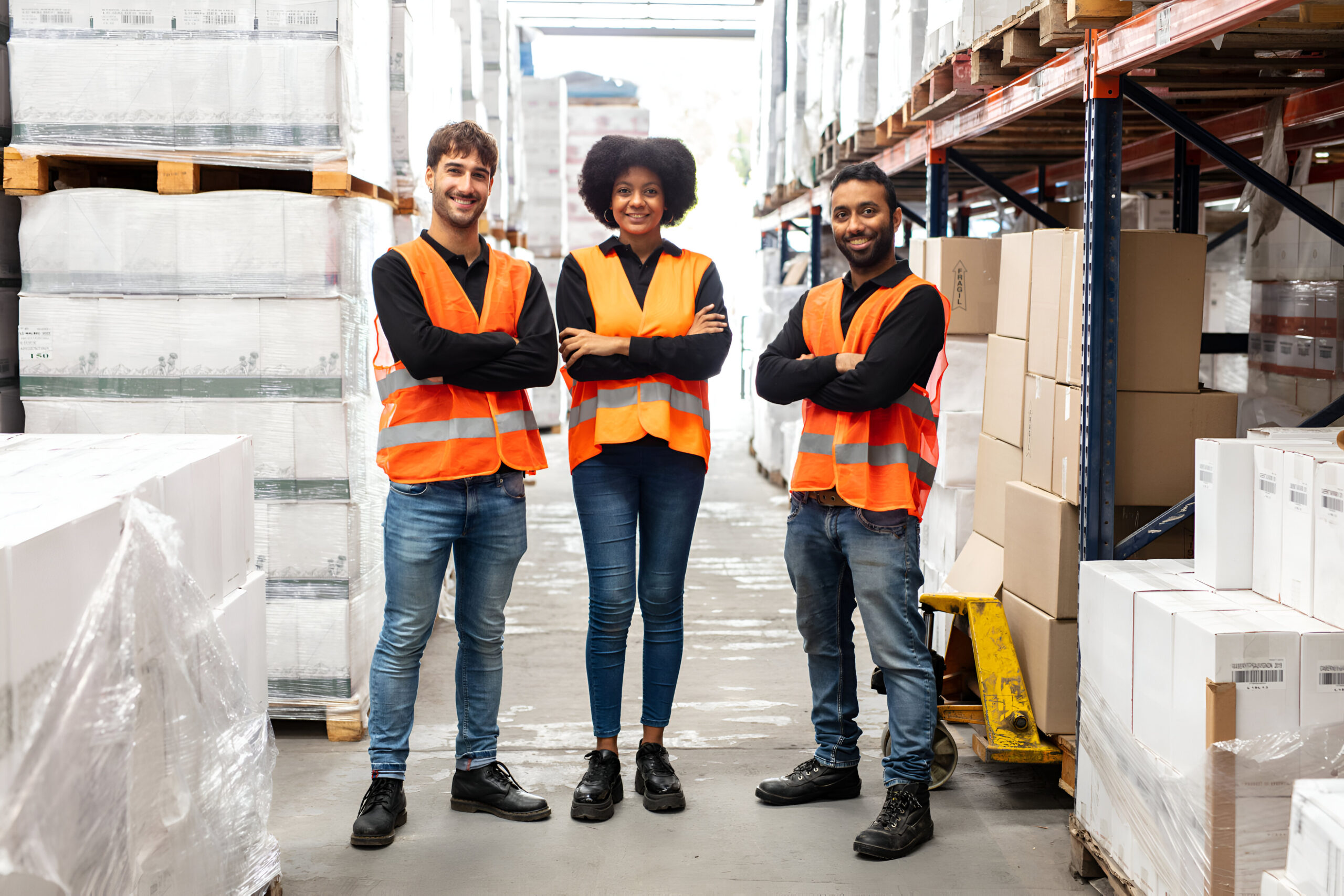 Group portrait of distribution warehouse staff
