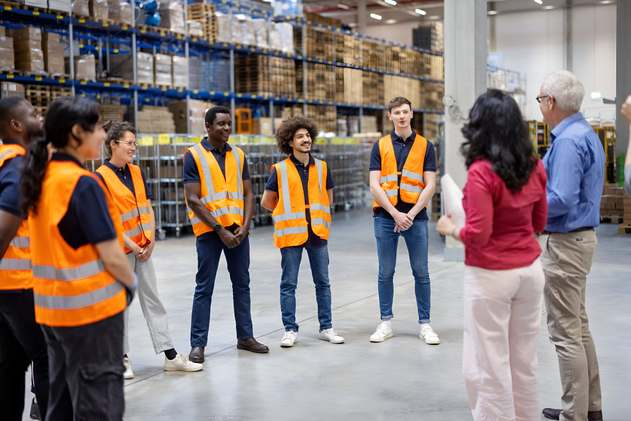 Mature businessman and businesswoman meeting with warehouse employees